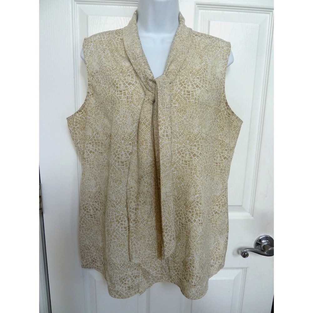 Essentials by Milano Womens Large Blouse Tie Neck Mosaic Yellow White Sleeveless